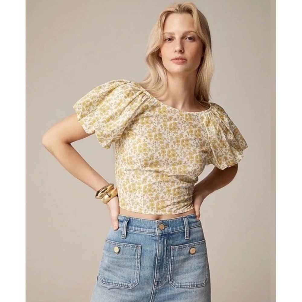 EUC J. Crew Fitted Puff-Sleeve Top Liberty Capel Yellow Floral Fabric Size 18